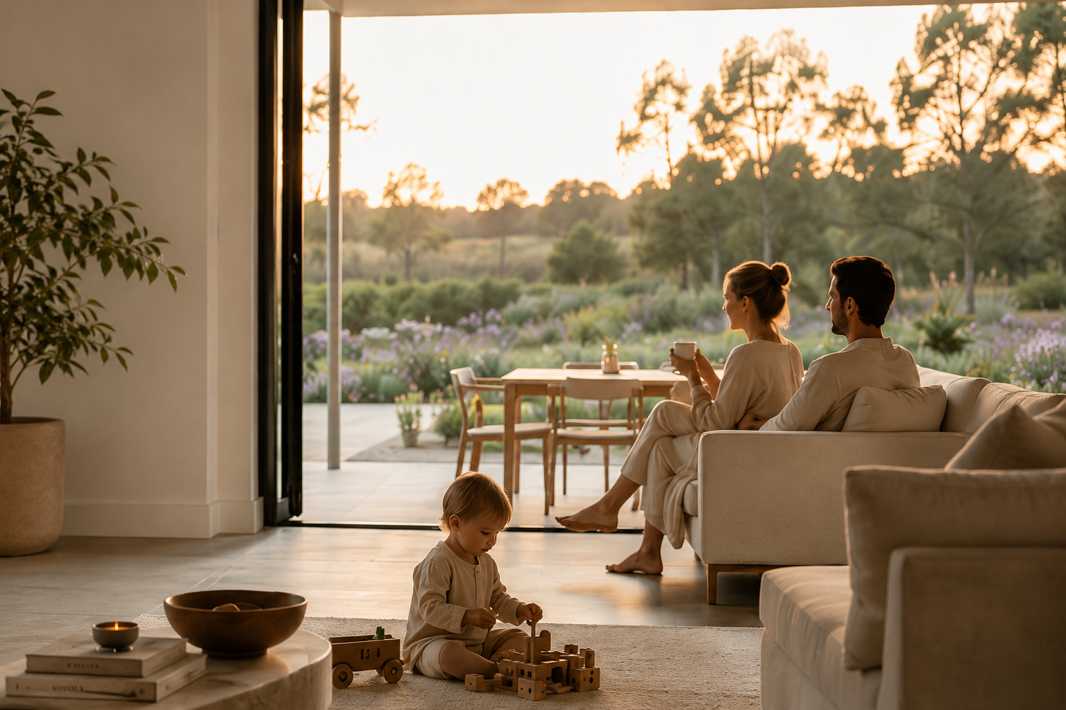 A family at home during golden hour: parents relaxing on the sofa with a garden view while their toddler plays with wooden blocks nearby