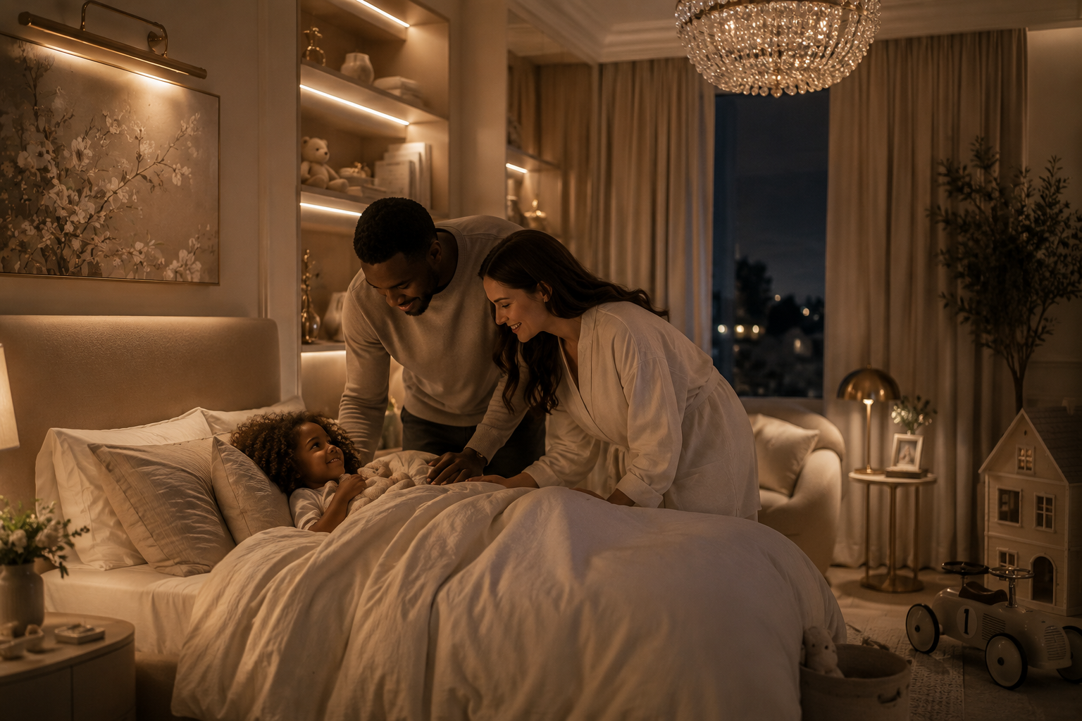 Parents tucking their curly-haired child into bed at night in a warm, softly lit luxury bedroom